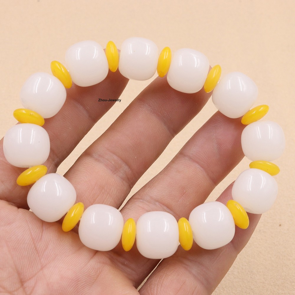 New Chinese White Jade 14mm Barrel Bead Elastic Bracelet Fit Wrist 15-17cm