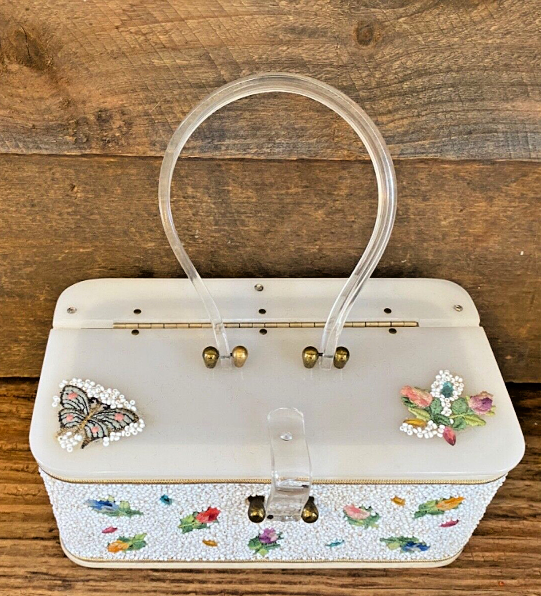Vintage 50’s Midas of Miami Beaded Acrylic Lucite Purse Handbag Box