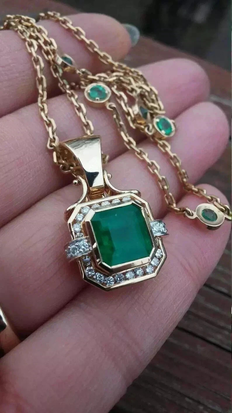 2.50 Ct Asscher Cut Lab Created Emerald Halo Pendant 14K Yellow Gold Plated