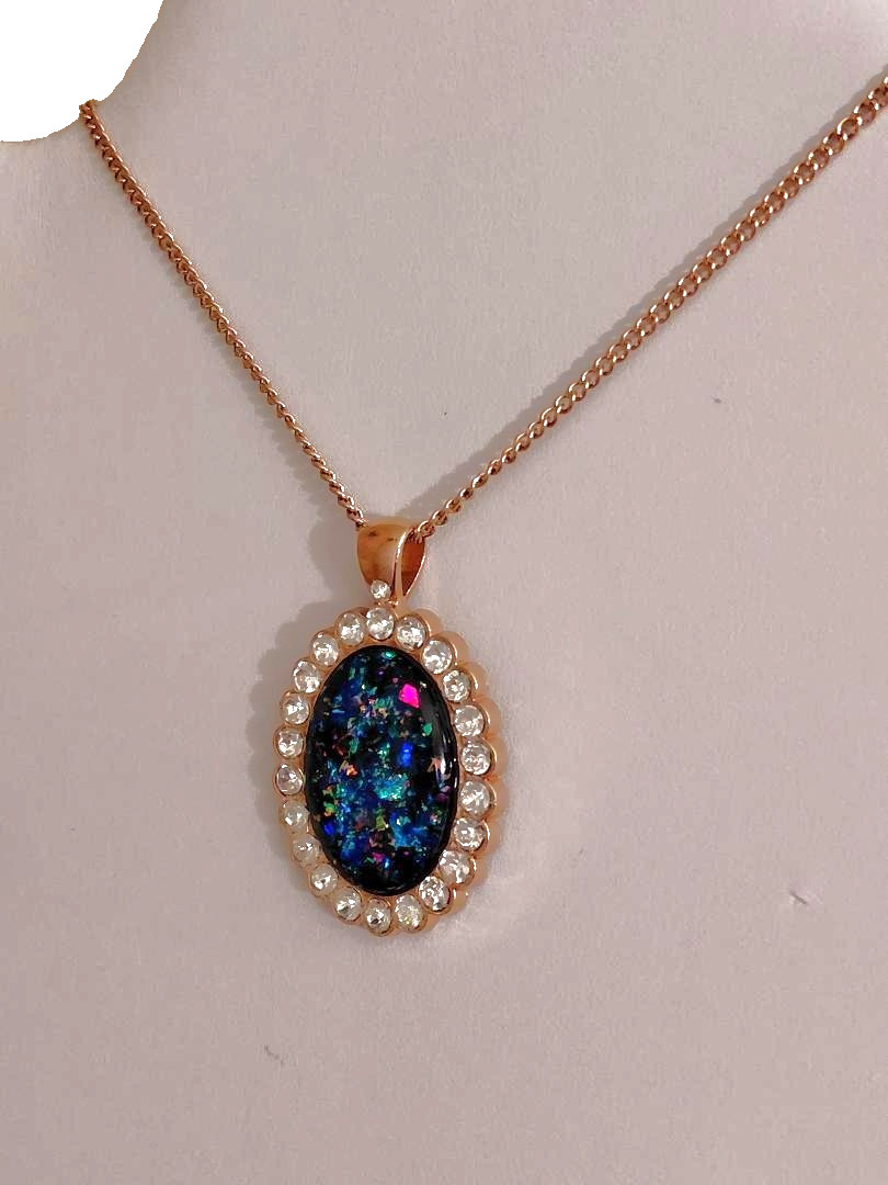 Opal Pendant Royal Blue Resin Opal On 18-Karat Rose Gold-Plated Stainless-Steel