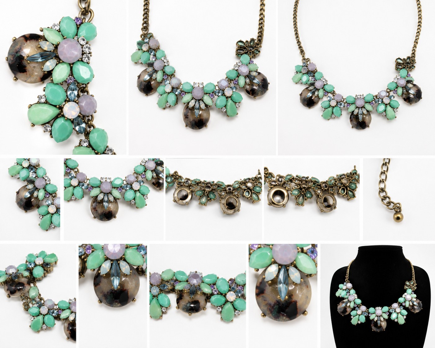 Mint Green Jade Opal Amethyst Rhinestone Floral Statement Bib Necklace