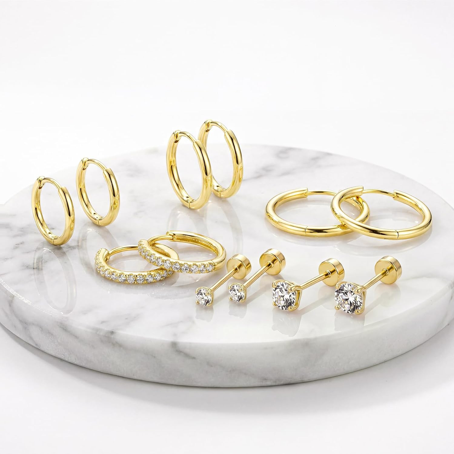 Small Gold Huggie Hoop Stud Earrings Set for Women Stack, Flat Back 316L Hypoall