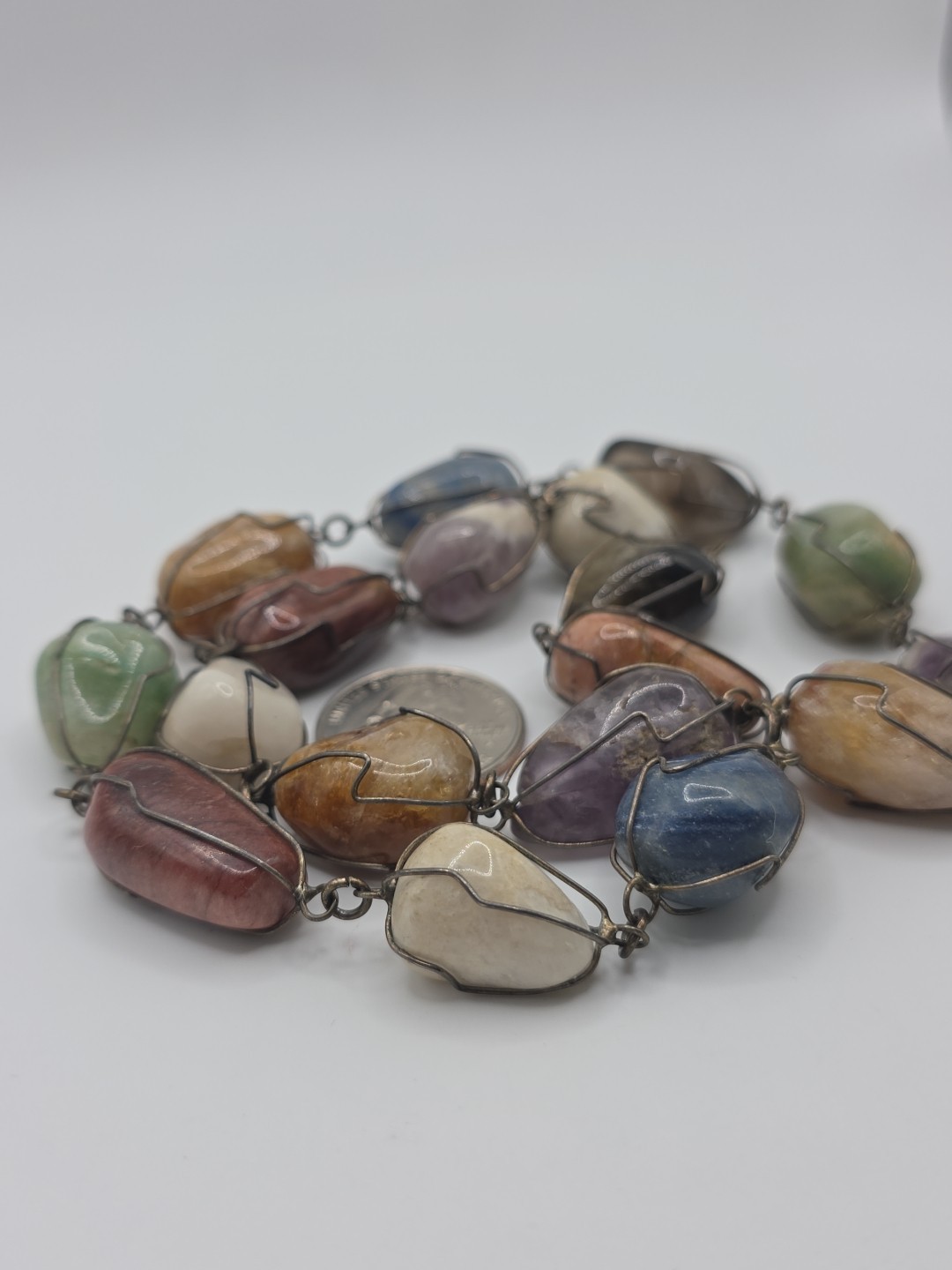 Vintage Sterling Silver 925 Tumbled Stones Wire Cage Necklace 20″ 114g