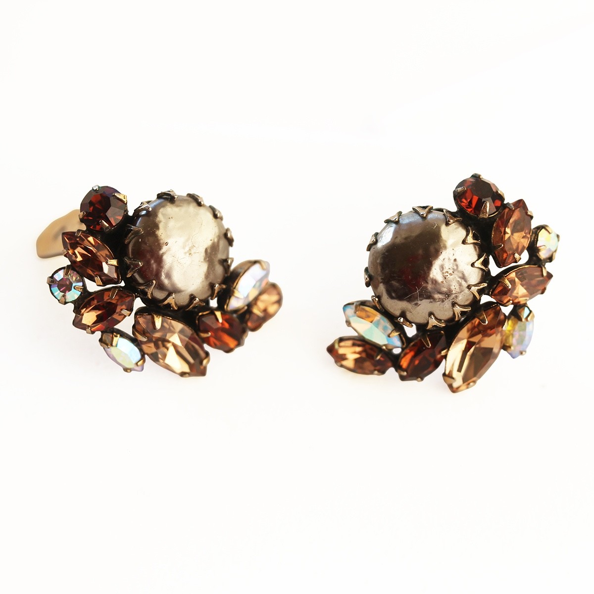 Unsigned Regency-Style Topaz Rhinestone & Faux Pearl Cluster Clip Earrings