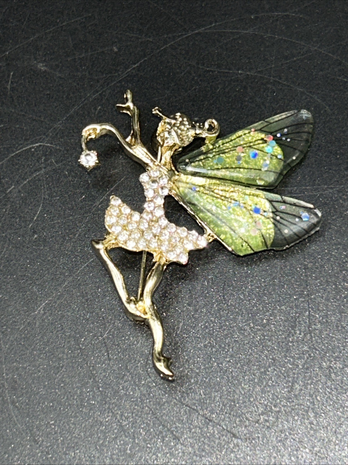 Modern Costume Jewelry Flying Fairy Pin Brooch 2” Tall Rhinestones Fae Nymph