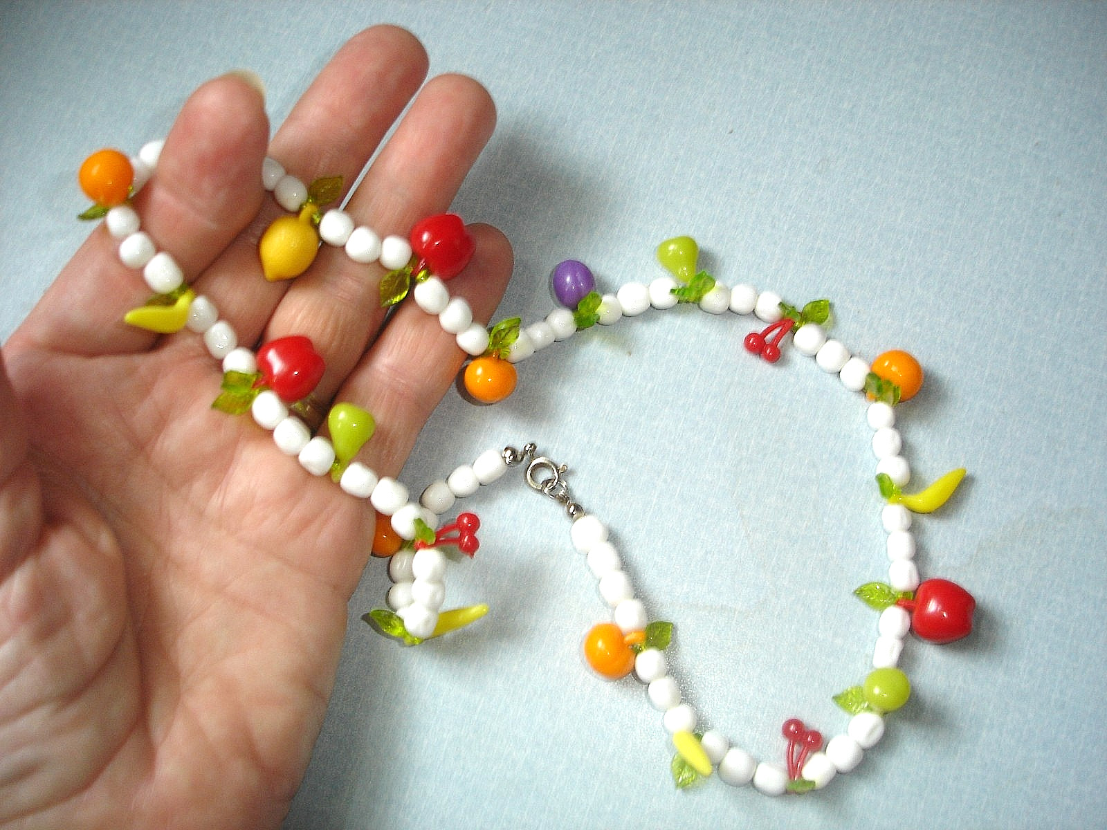 Vintage Plastic FRUIT White Glass Bead Necklace-Apple Banana Orange Pear Cherry