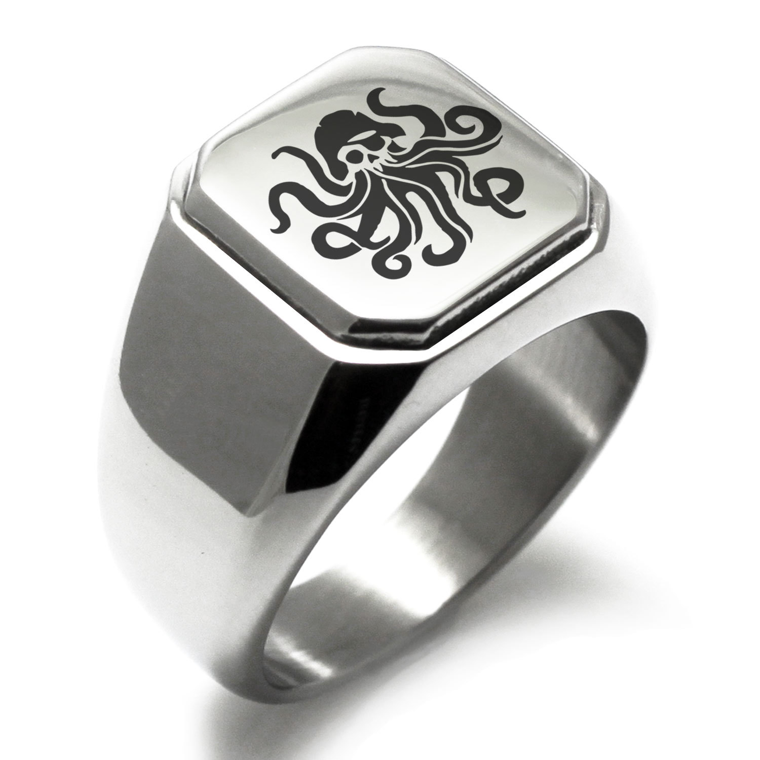 Stainless Steel Kraken Octopus Pirate Skull Mens Square Biker Style Signet Ring