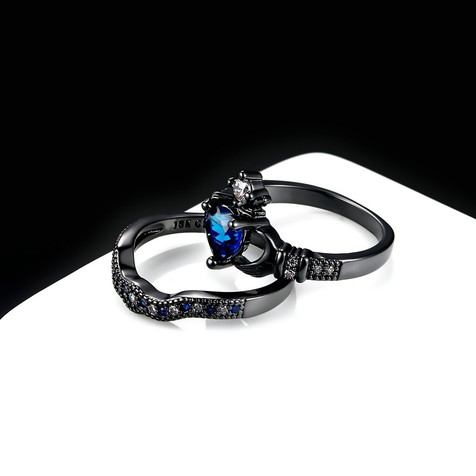 2Pcs His Hers Matching Blue CZ Crown Wedding Rings Stainless Steel Promise Bands