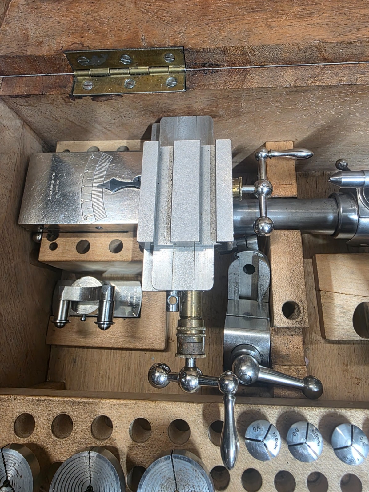 Watchmakers Lorch 8mm Lathe Kit Box Vintage Cross Slide, face plate, original