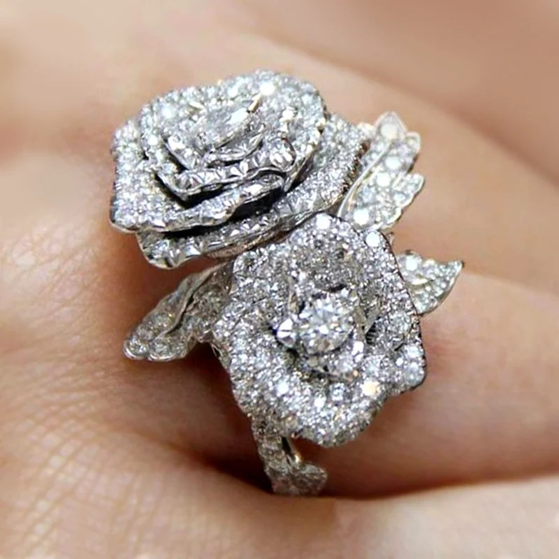 Floral Shape Statement Ring Simulated Zirconia Silver Tone Prong Set Jewelry