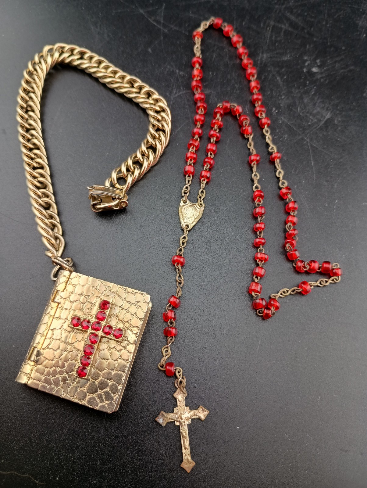 Rosary Bible Book Locket Charm Bracelet Catholic Rhinestone 50s Era Ruby Red
