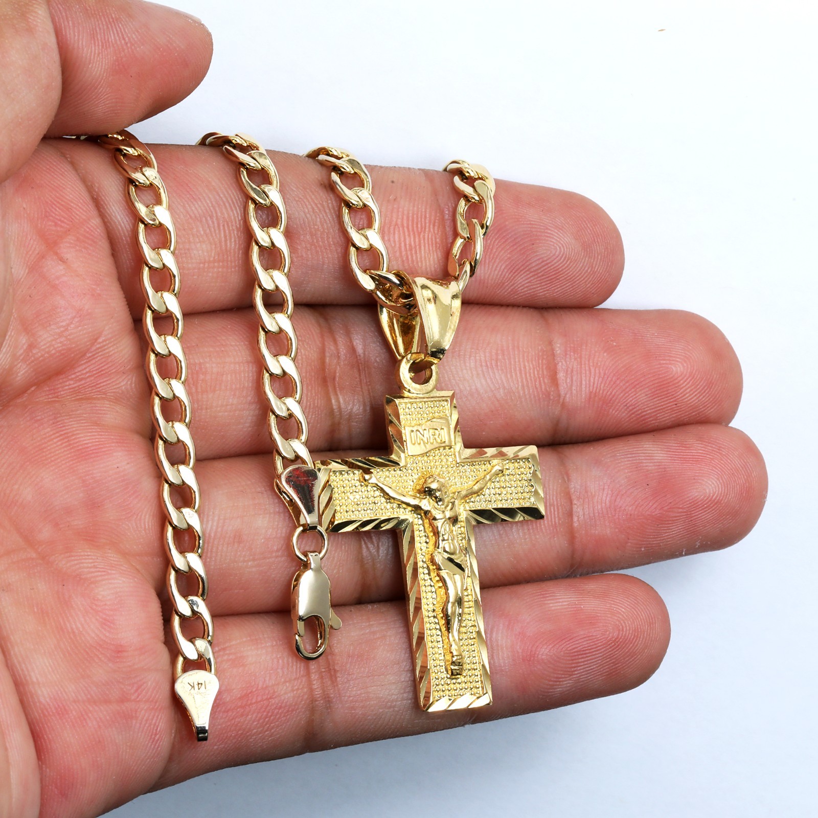 INRI Jesus Cross Charm Pendant 14k Gold Plated Brass 5mm 20″ Cuban Choker Chain