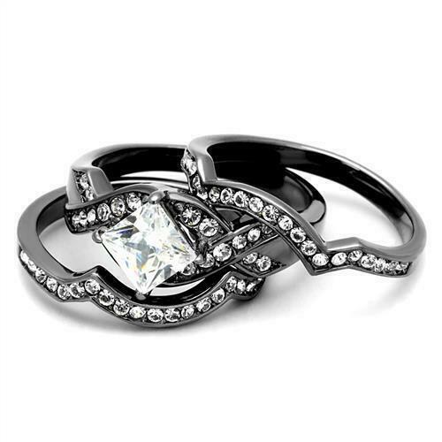 Brilliant 1.6Ct Princess Cubic Zircon CZ AAA Light Black Wedding Set Tk2741