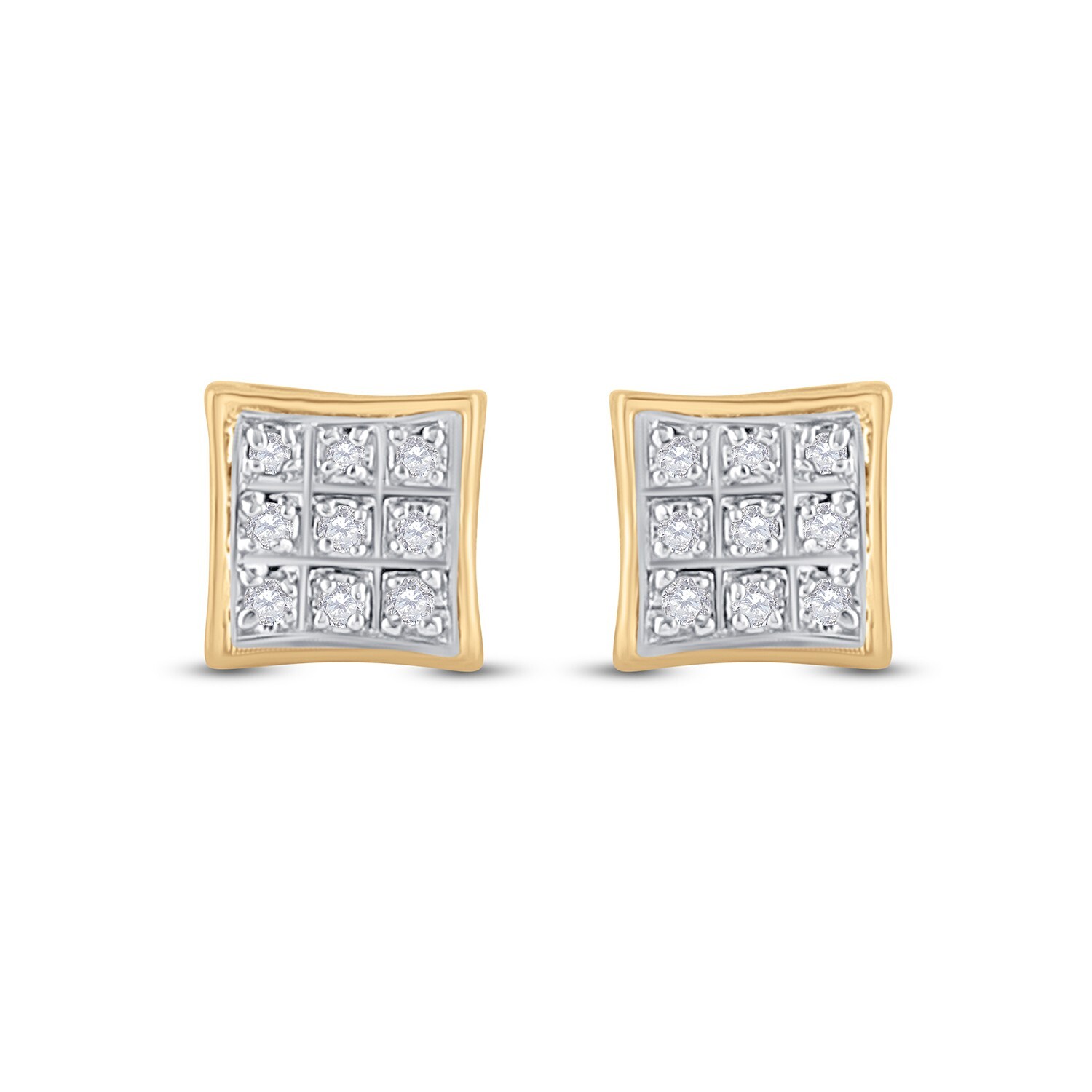 Diamond Square Cluster Kite Mens Stud Earrings 10k Yellow Gold Screw back