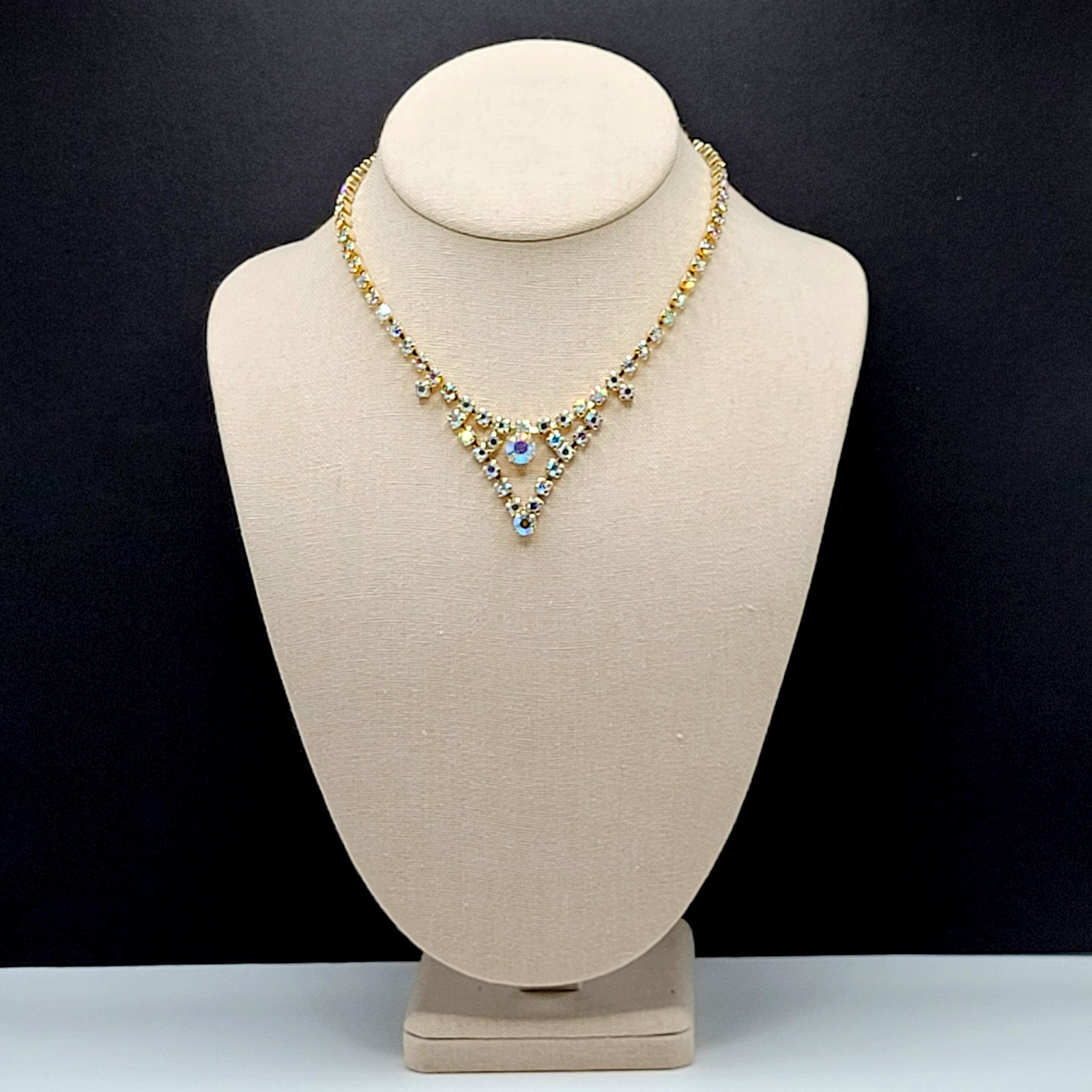 Swag or V Style Drop Choker AB Rhinestone Necklace Gold Tone Vintage 15 inch