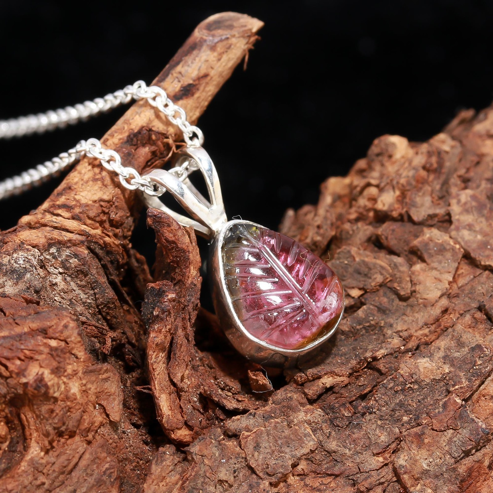 Natural Tourmaline Leaf Chain Necklace 925 Sterling Silver Jewelry Gift For Her