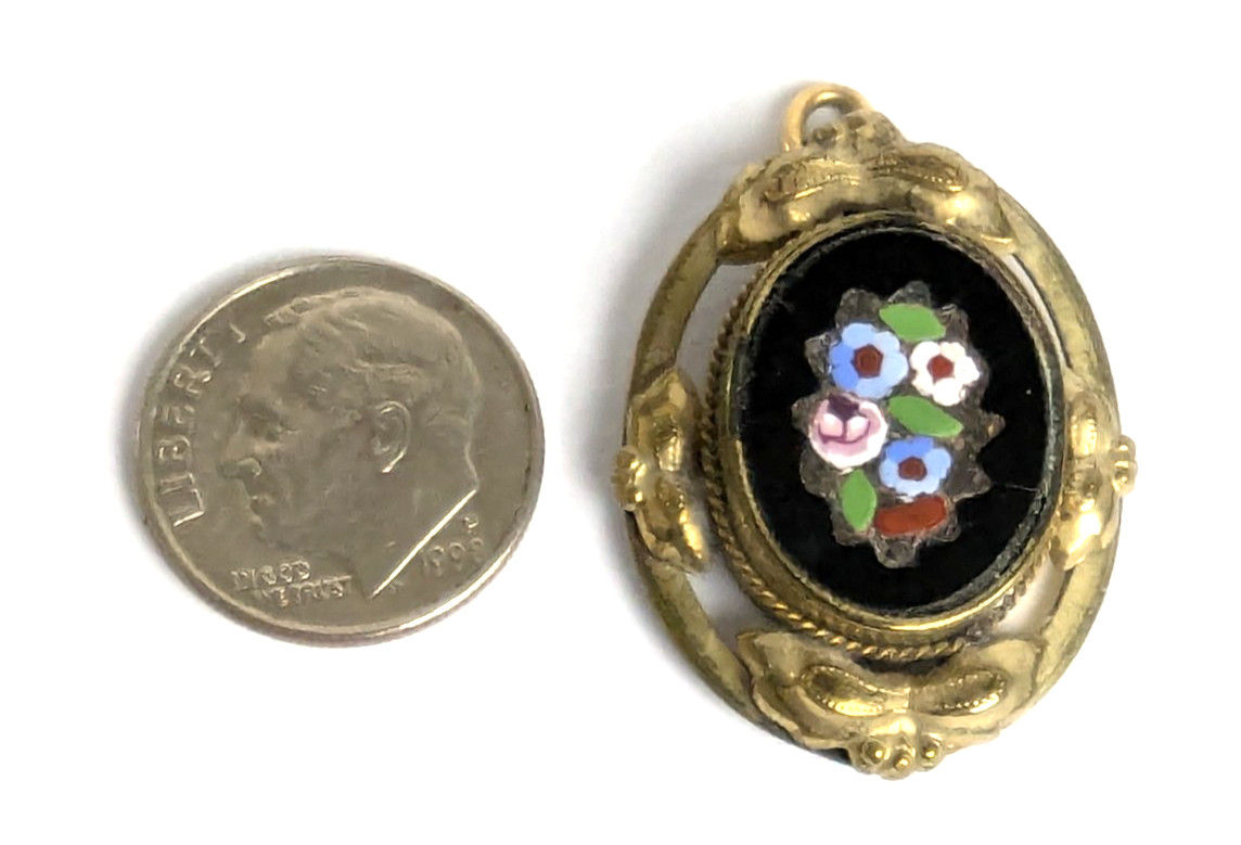 Antique Italian Pietra Dura Mosaic Inlay Floral Pendant Gold Filled Mounting