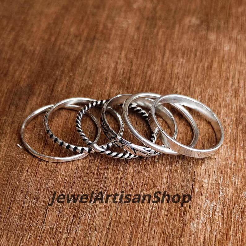 Stackable 925 Sterling Silver 6 Rings Set-Assorted Patterns-Minimalist Silver
