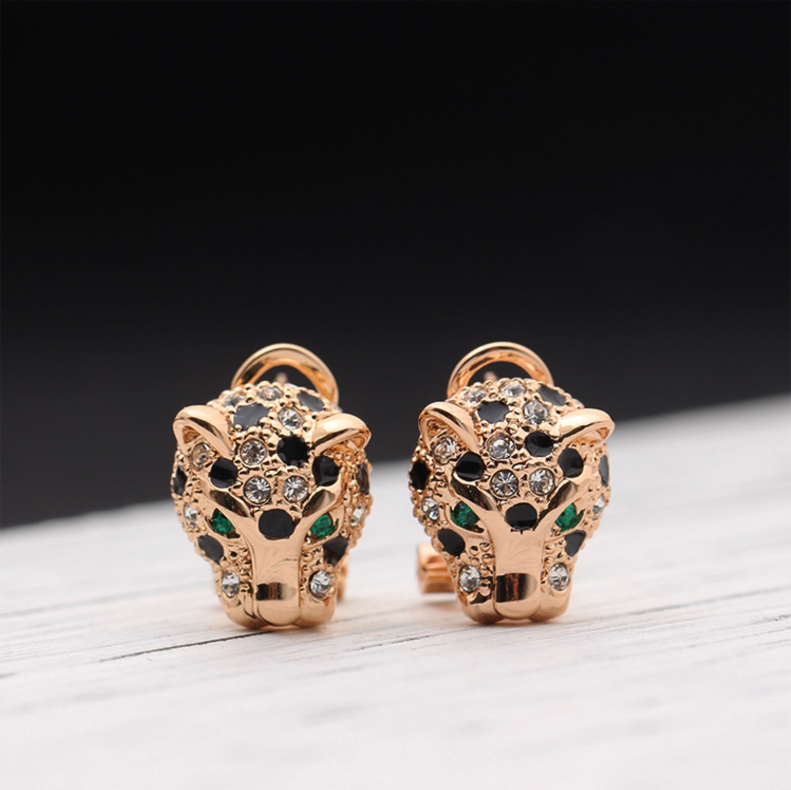 Animal Leopard Panther Jaguar Clear and Black Cubic Zirconia Leverback Earrings