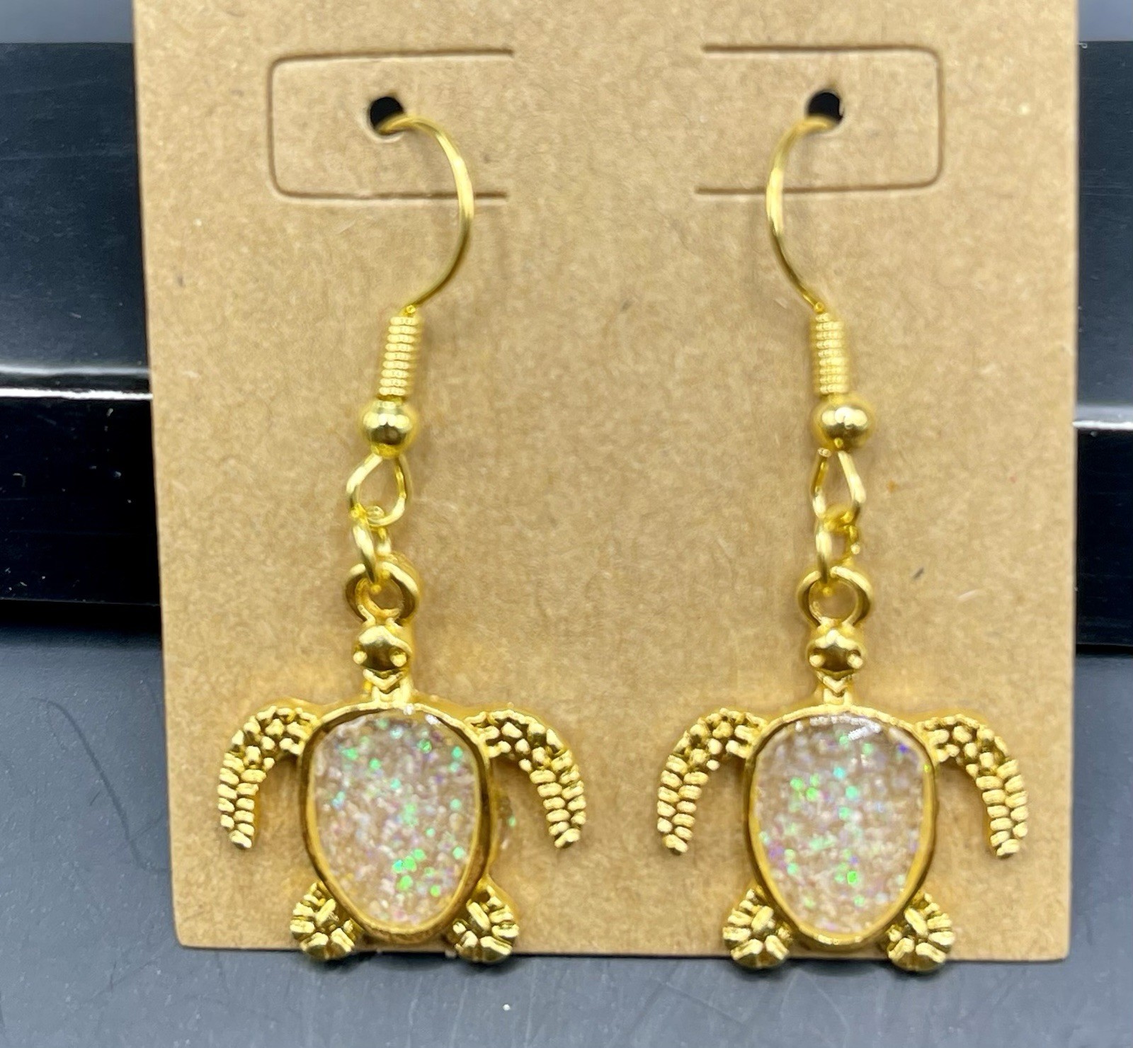 Handmade Metal And Resin Sea Turtle Earrings, Gold Plates W/ Iridescent Glitter