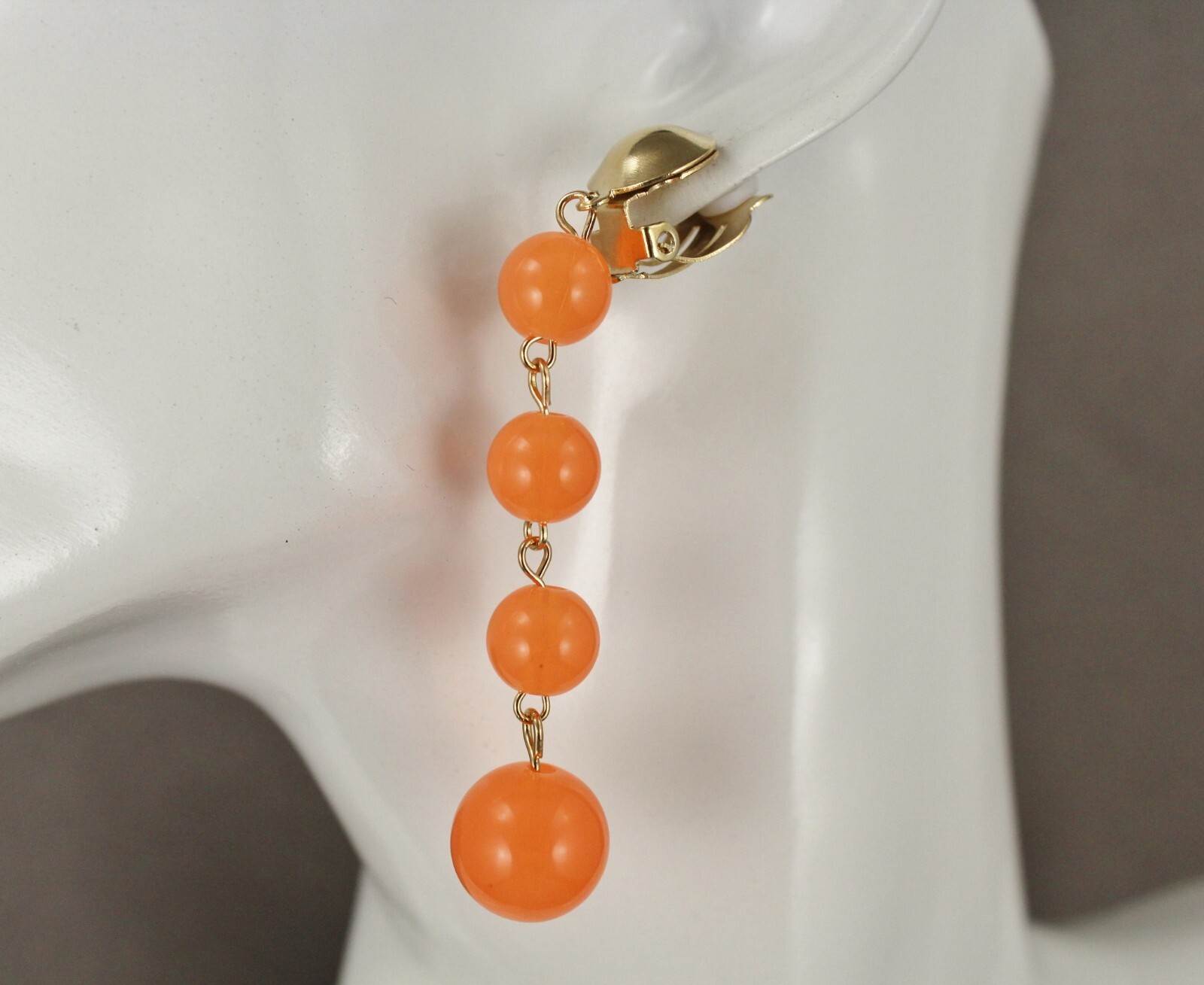 Orange Gold beaded Clip On earrings bead dangle pendant lightweight 3″ long