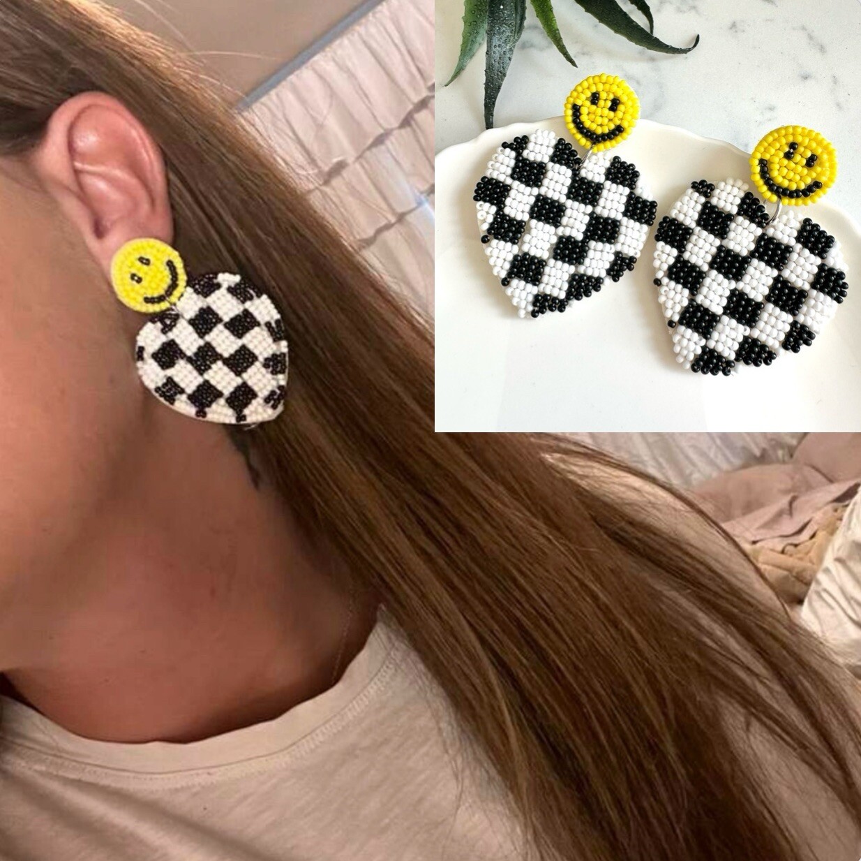 Smiley Face Checkered Heart Beaded Earrings Black White Skater Jewelry Gift NEW