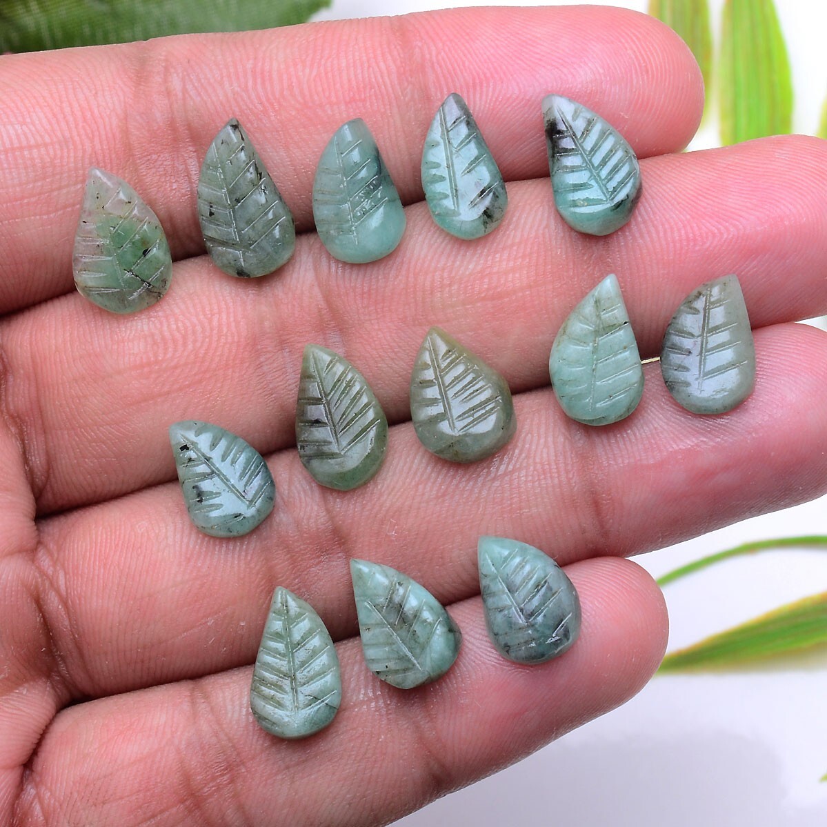 13 Pcs Natural Emerald Untreated 11mm-14mm Leaf Hand Carving Huge Gemstones Lot