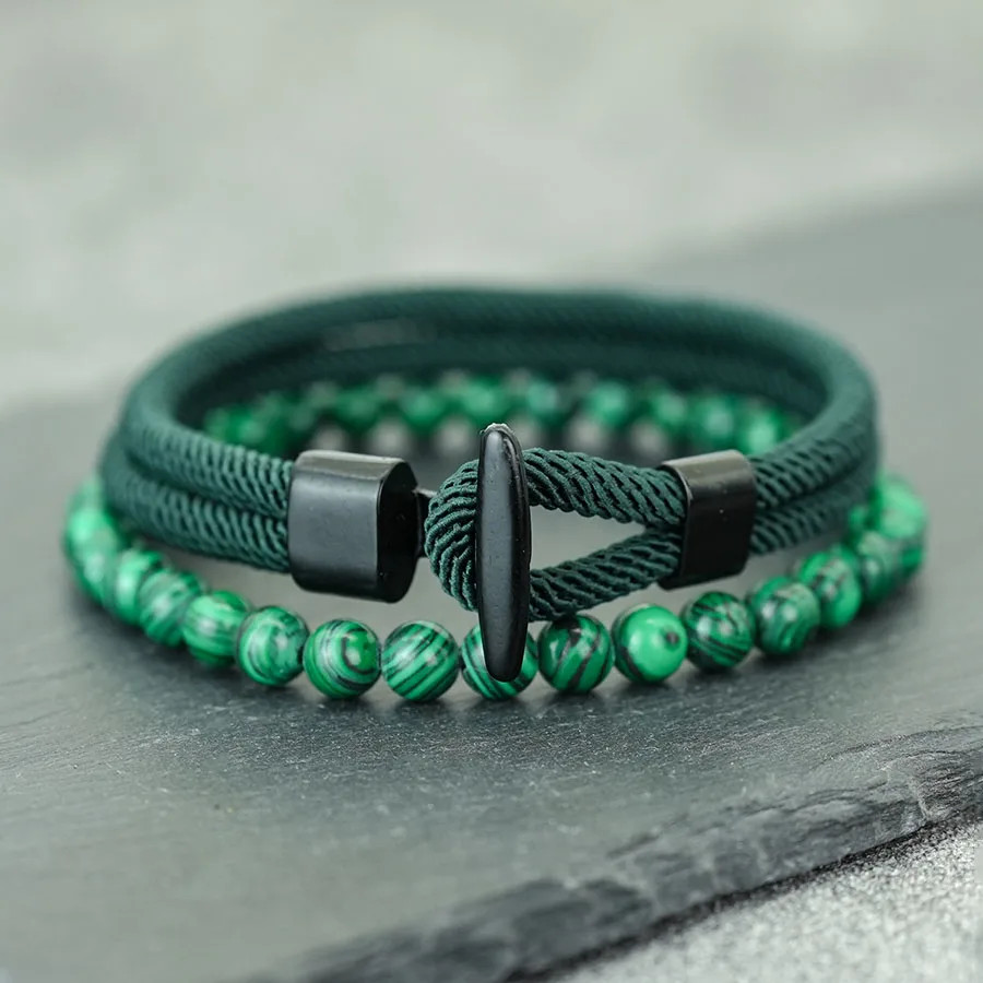 2Pcs Beads Rope Bracelet Set Men Tiger Eyes Malachite Stone Handmade Jewelry