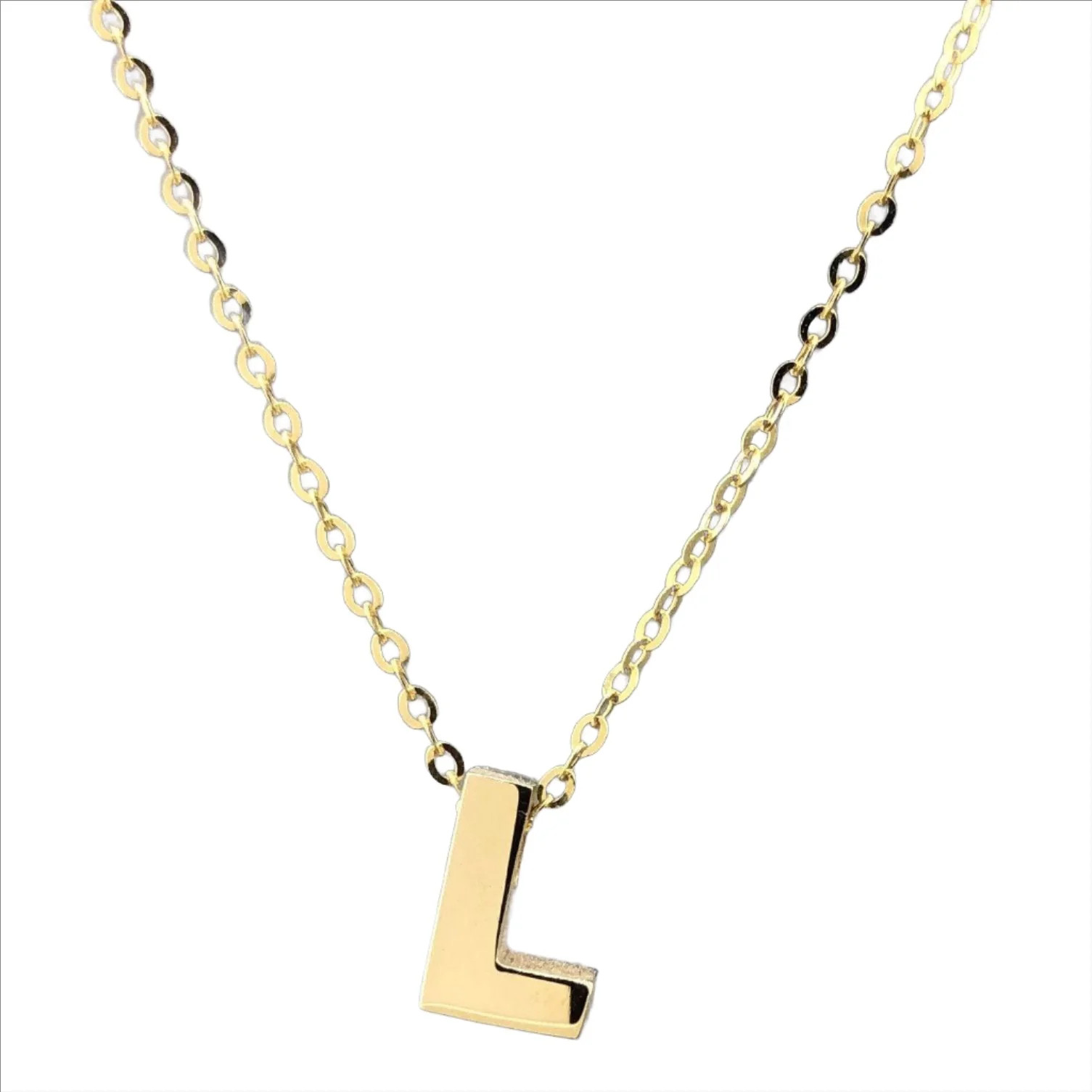 14K Yellow Gold initial ‘L’ pendant on a 16″ chain with a 2″ extender