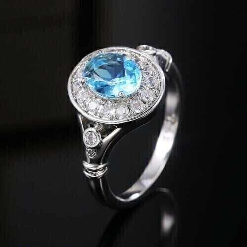 2.1 CT Simulated Aquamarine 925 Silver Plated Royal Vintage Thanksgiving Ring