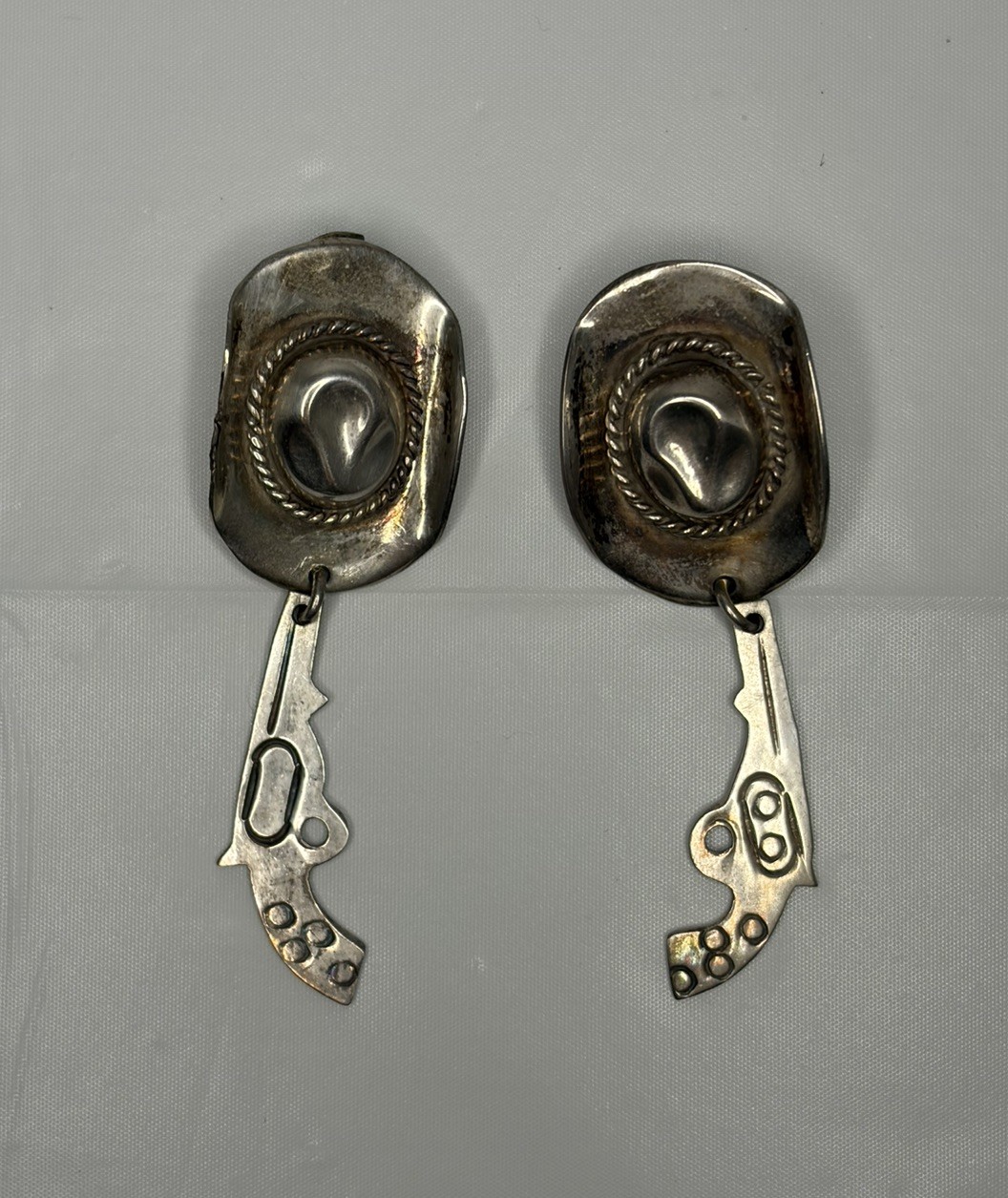 Cowboy Hat & Gun .925 Sterling Silver Earrings / Mexico Western 2.5L X .75W