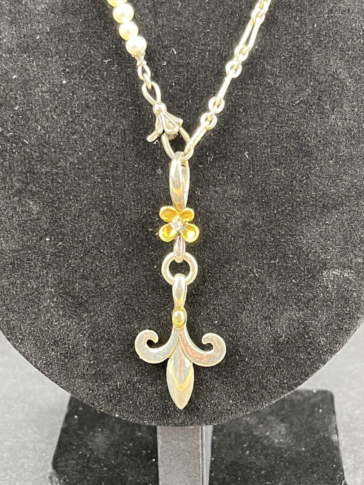 Ann King Sterling & 18K Gold Pearl Necklace w/ Fleur-de-Lis Pendant