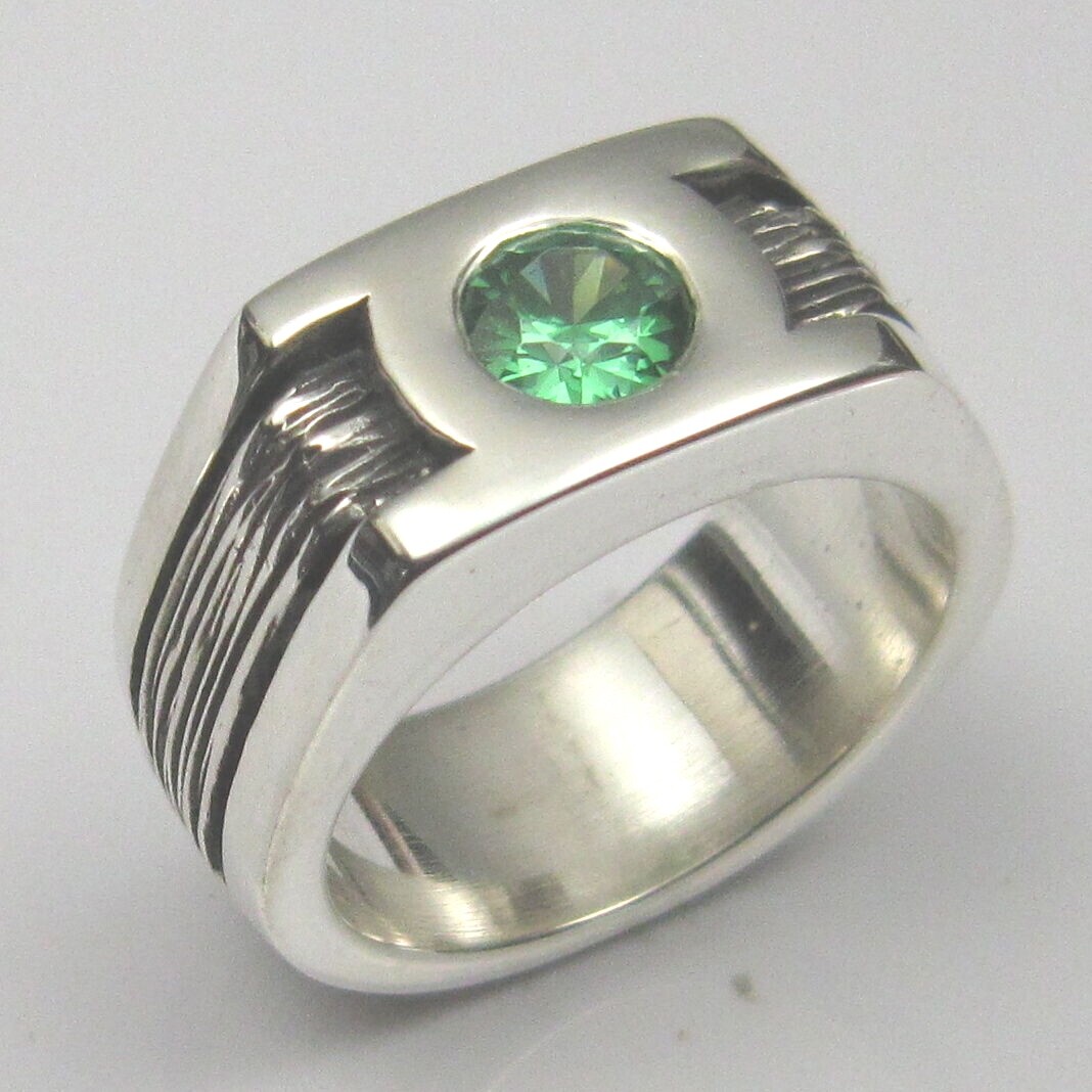 MJG STERLING SILVER GREEN LANTERN RING.10MM BAND. 6MM CZ. STARTS AT SIZE 9.5