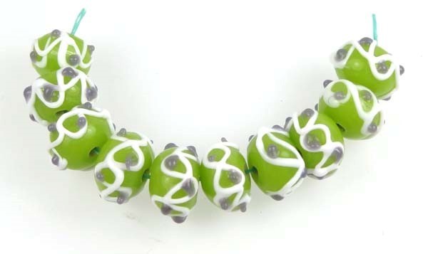 10 Lampwork Handmade Glass Beads Green White Lavender Rondelle (10)