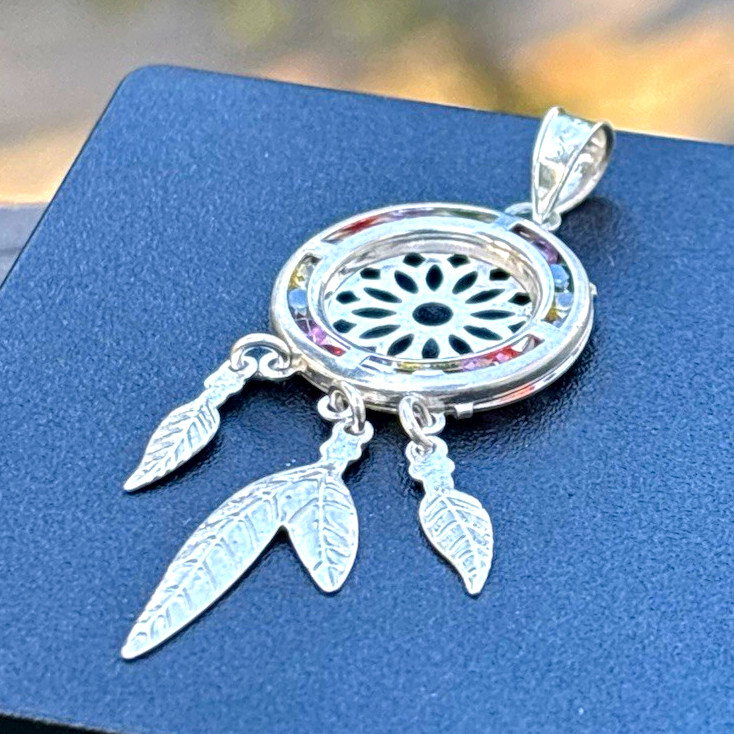 Silver Tone Round Dreamcatcher Pendant Charm w/ Dangle Feather, No Stones