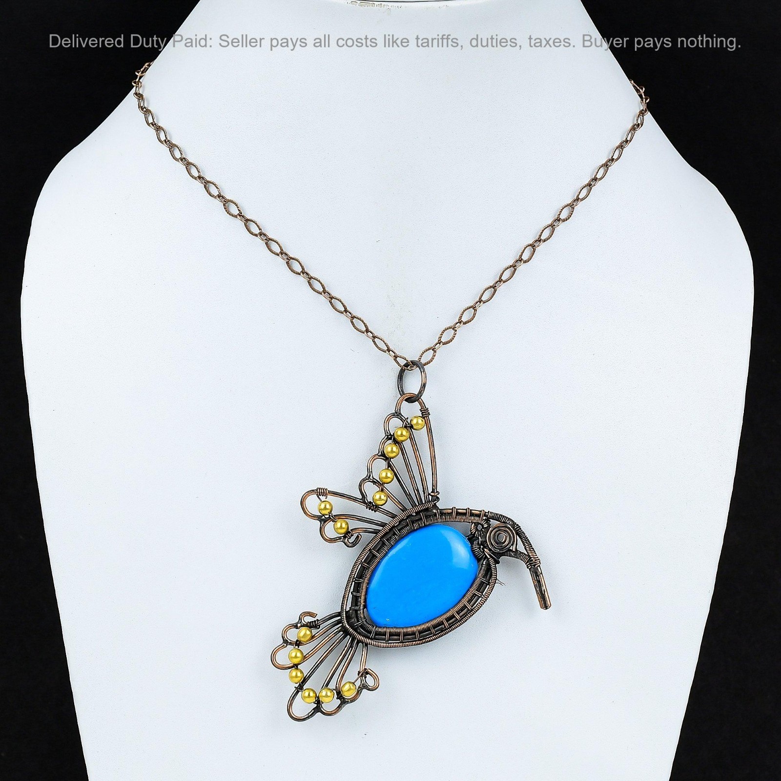 Copper Natural Sleeping Beauty Turquoise Boho Wire Wrapped Bird Pendant Jewelry