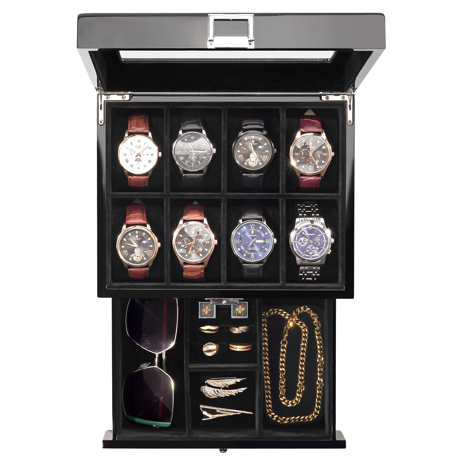 ProCase Wooden Watch Case, 8 Slot Mens Watch Box with Drawer, 2-Layer Mens Jewel