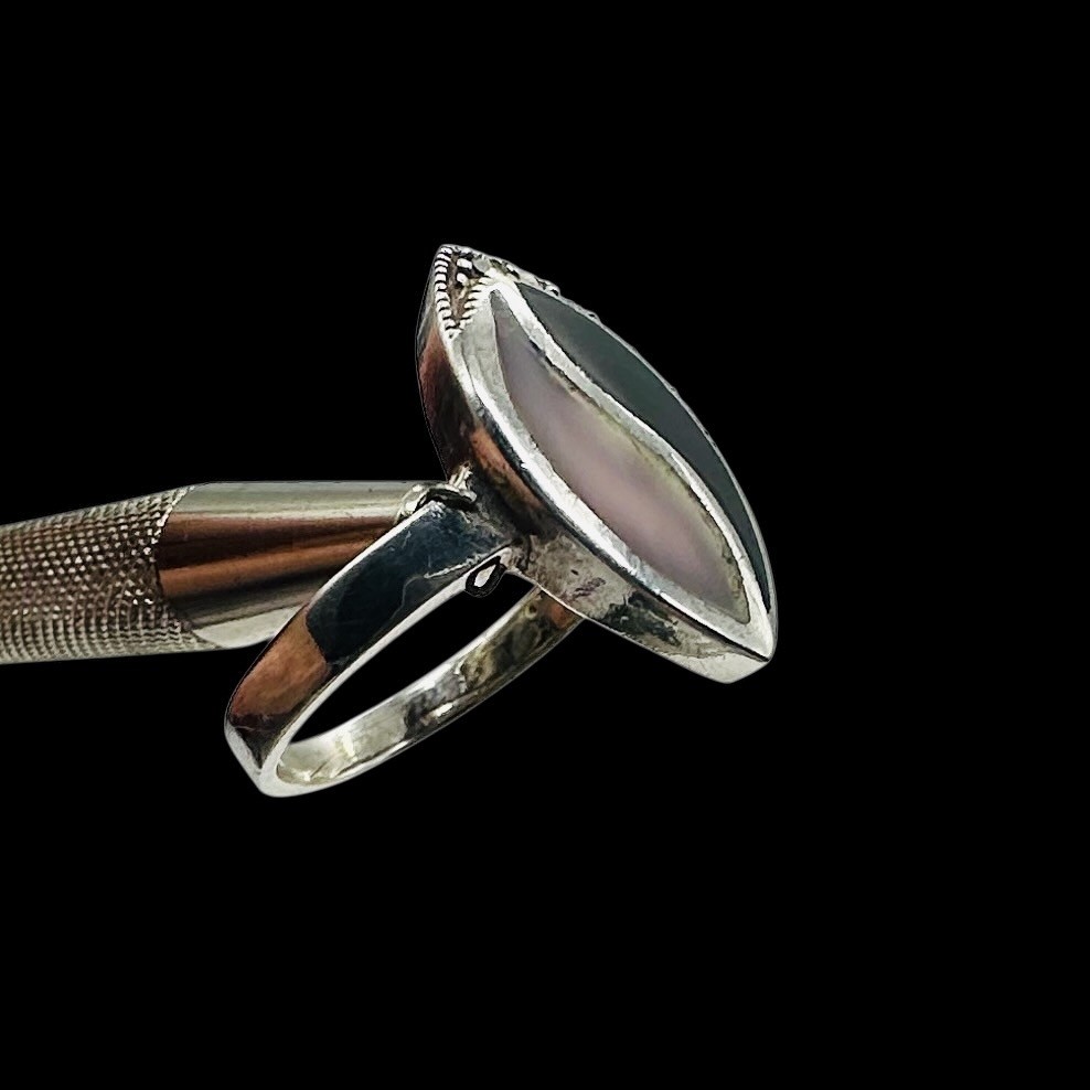 Onyx Mother of Pearl Marcasite Sterling Silver Ring | 7 | Blue, White, Silver |