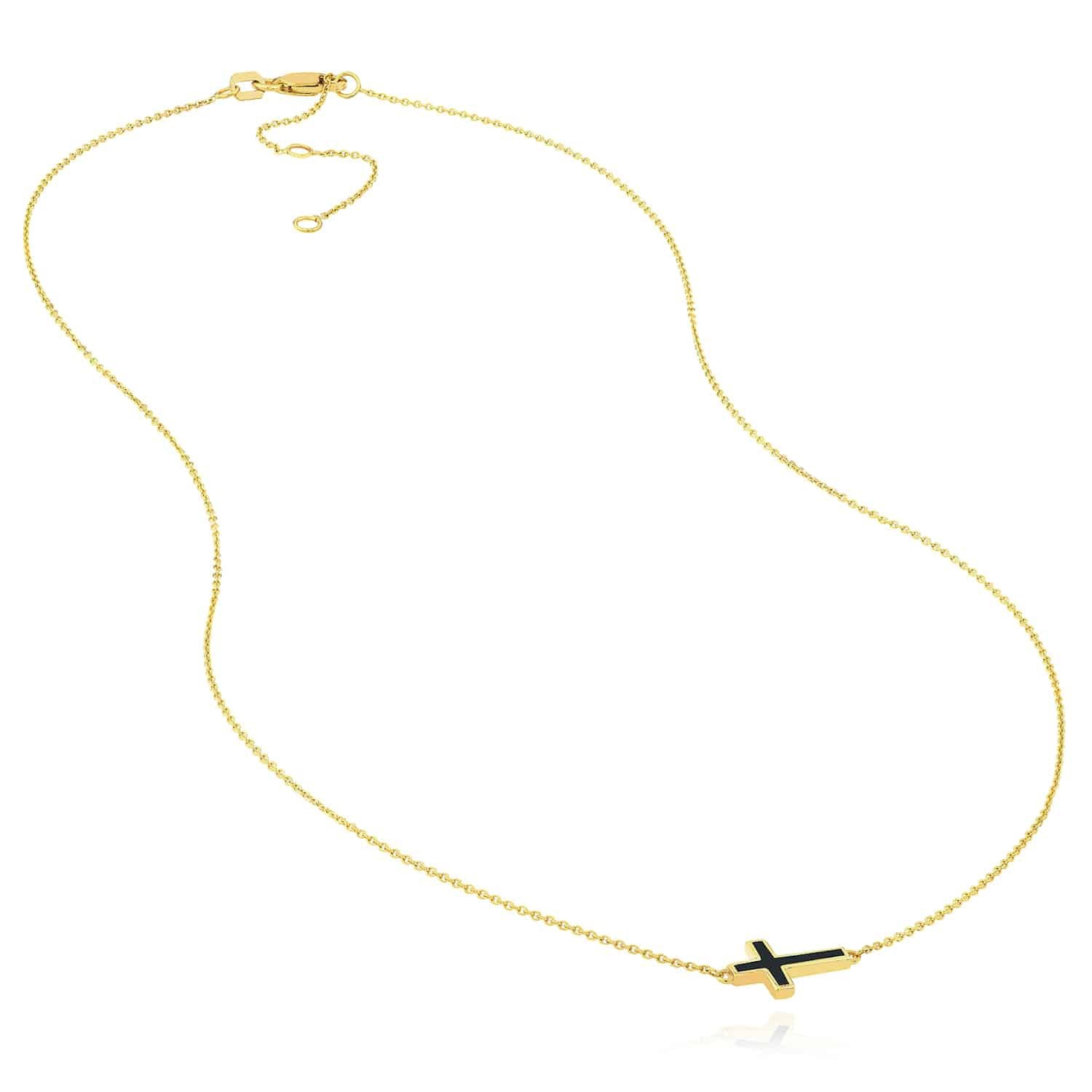 14K Real Gold White Black Turquoise Sideways Cross Pendant Necklace 16-18″ Adj