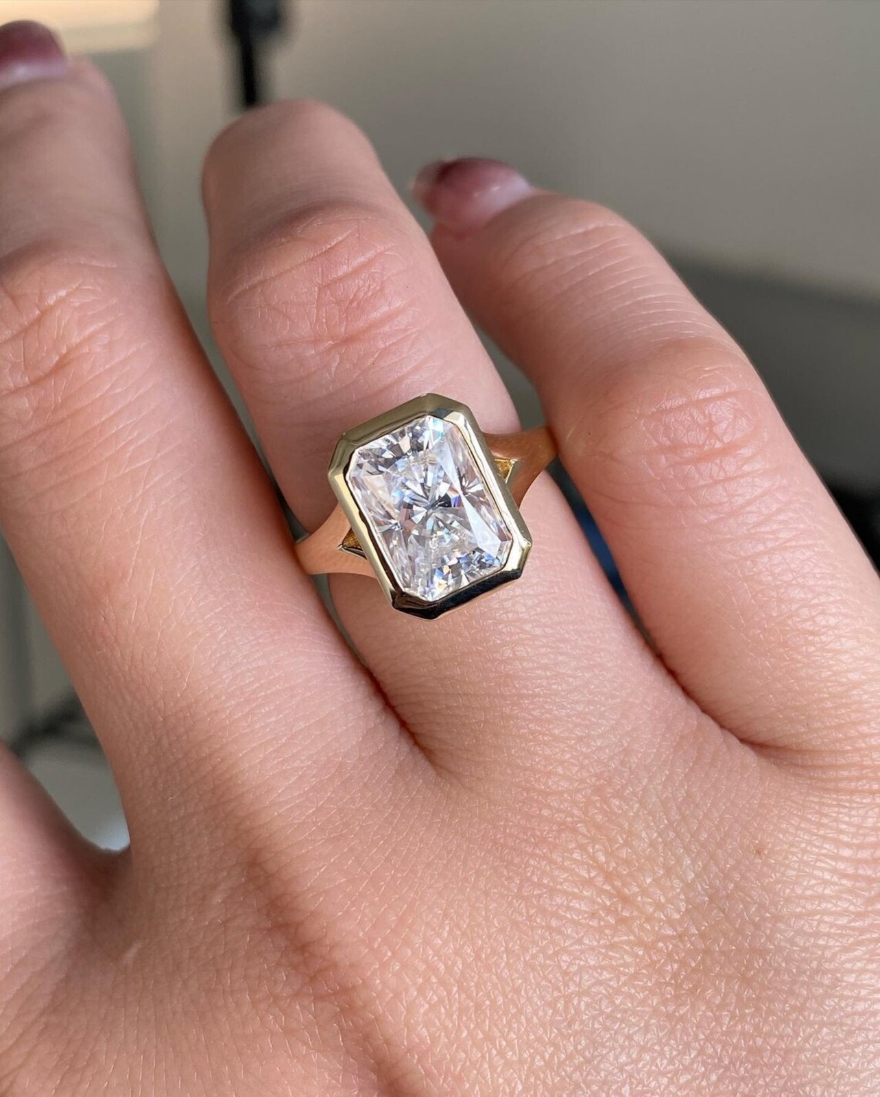 Radiant Cut Moissanite Solitaire Bezel Set Wedding Ring 14K Yellow Gold Plated