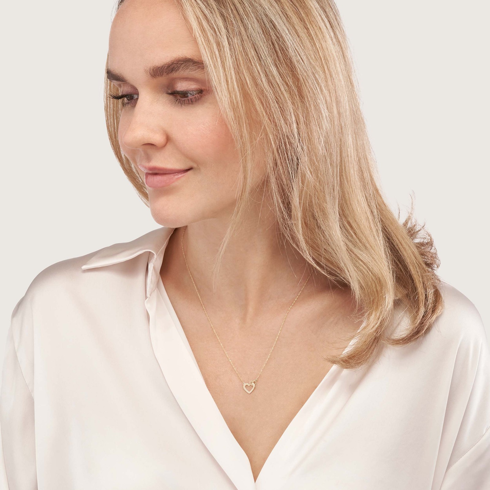 Interlocked Hearts Adjustable Chain Necklace Real 14K Yellow Gold Up to 18″