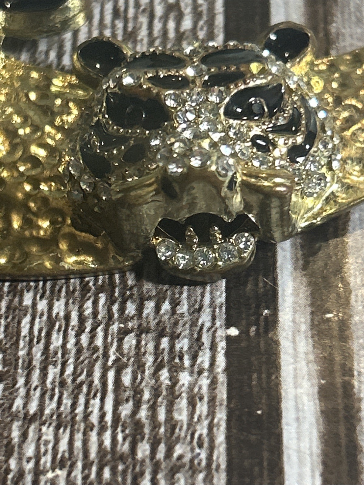 White Tiger Pendant on Hammered Brass with Diamond Rhinestones And Black Enamel