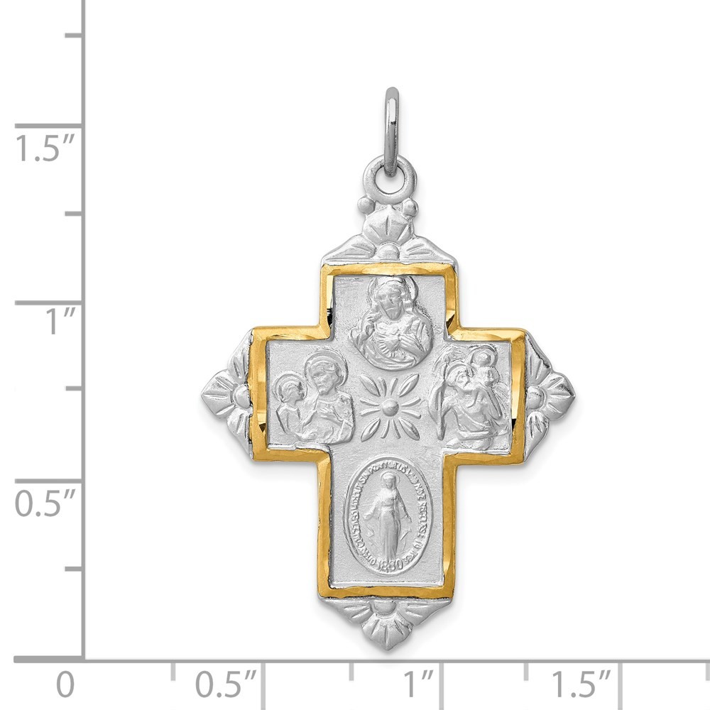 Sterling Silver Platinum-plated & Gold-tone 4-Way Medal Cross Pendant 3.85gm
