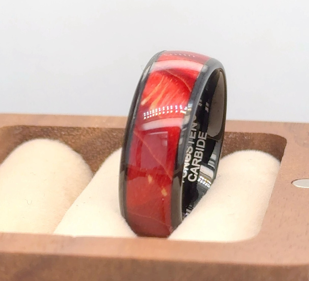Red Burgundy Color Dyed Wood Inlay Black Tungsten Ring Men’s Wood Wedding Ring