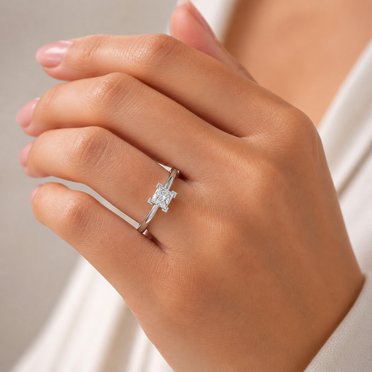 1.00Ct Princess Cut Moissanite Ring Women Half Bezel 925 Silver 10K