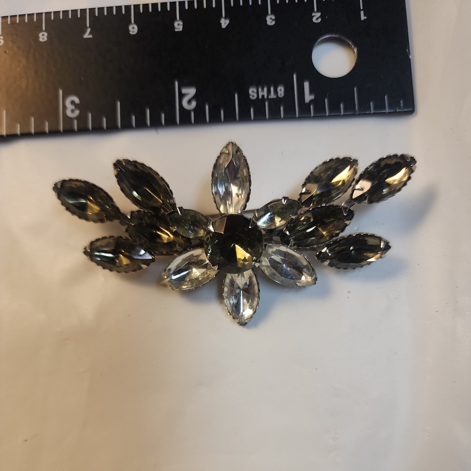 Vintage Smoky Gray Clear Rhinestone Brooch Silver Tone Mid Century Pin