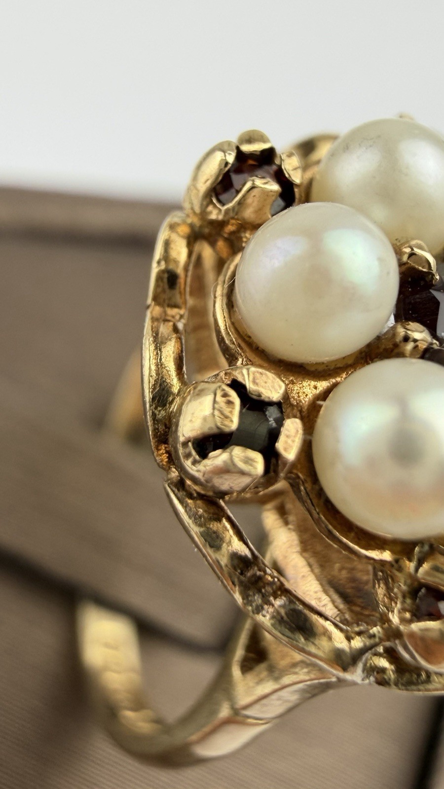 Pearl And Garnet 9ct Gold Ring , Vintage And Hallmarked Yellow Gold