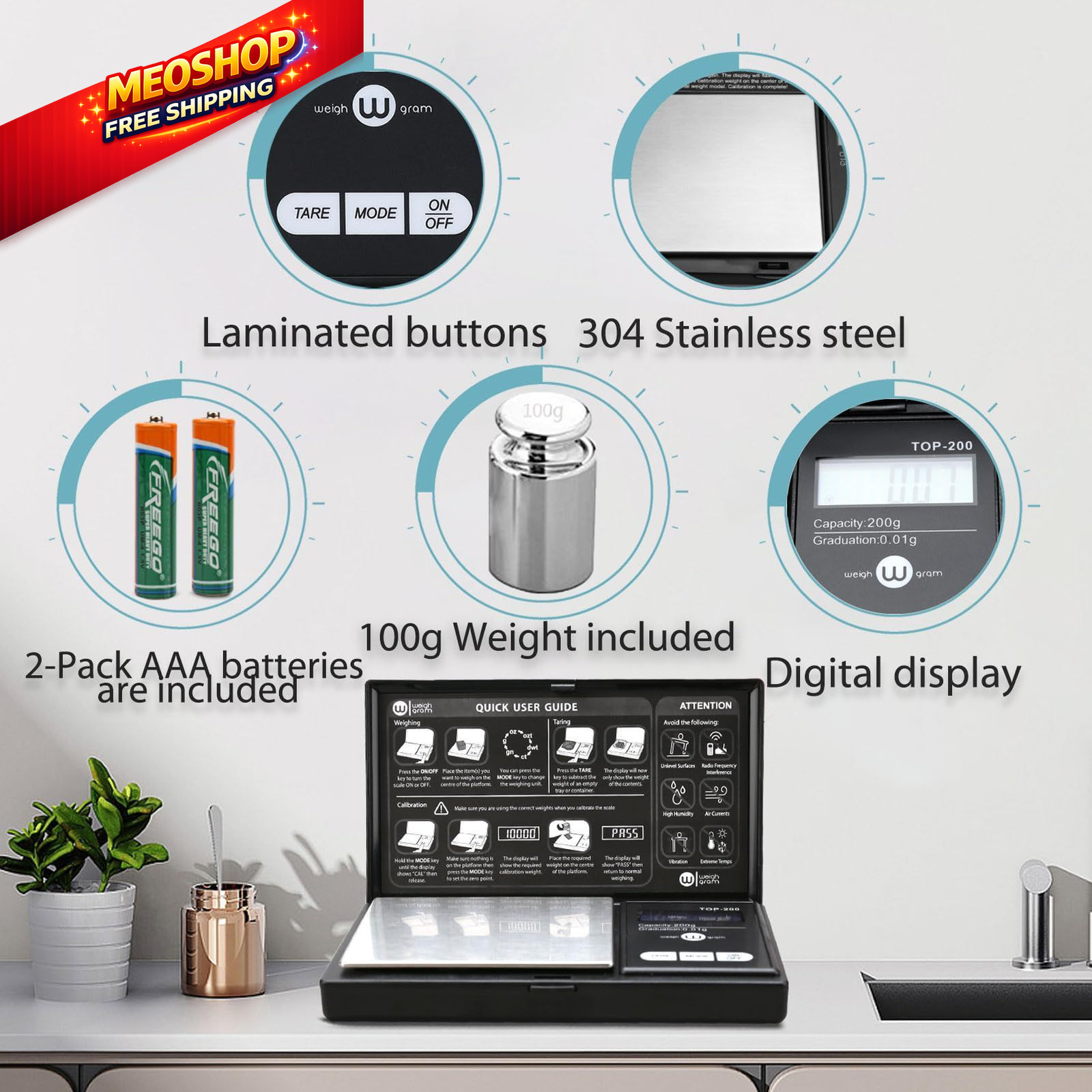 Weigh Gram 200g Digital Pocket / 0.01g (Model: TOP-100), Black