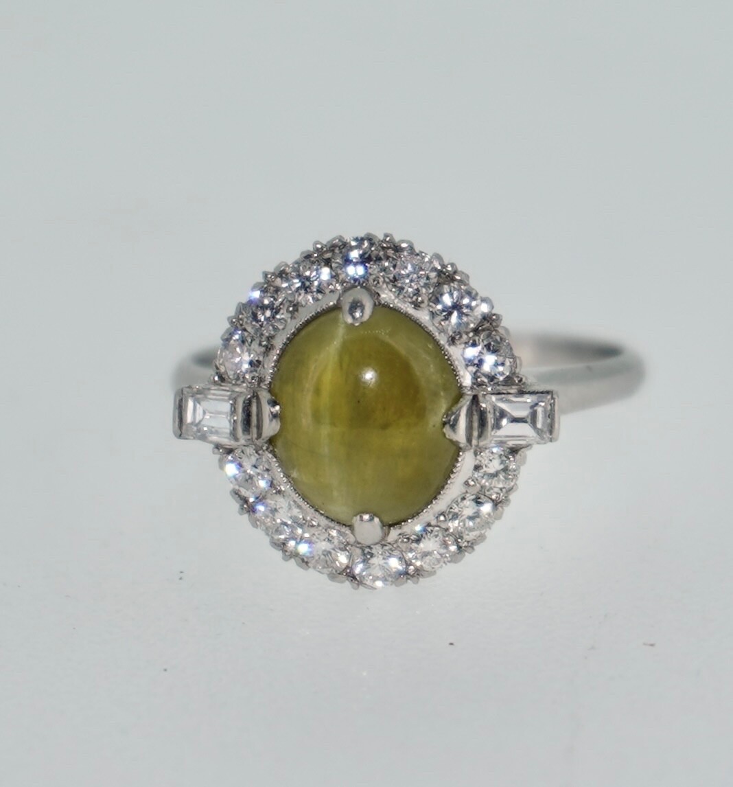 Platinum Cats Eye Chrysoberyl and Diamond Halo Ring