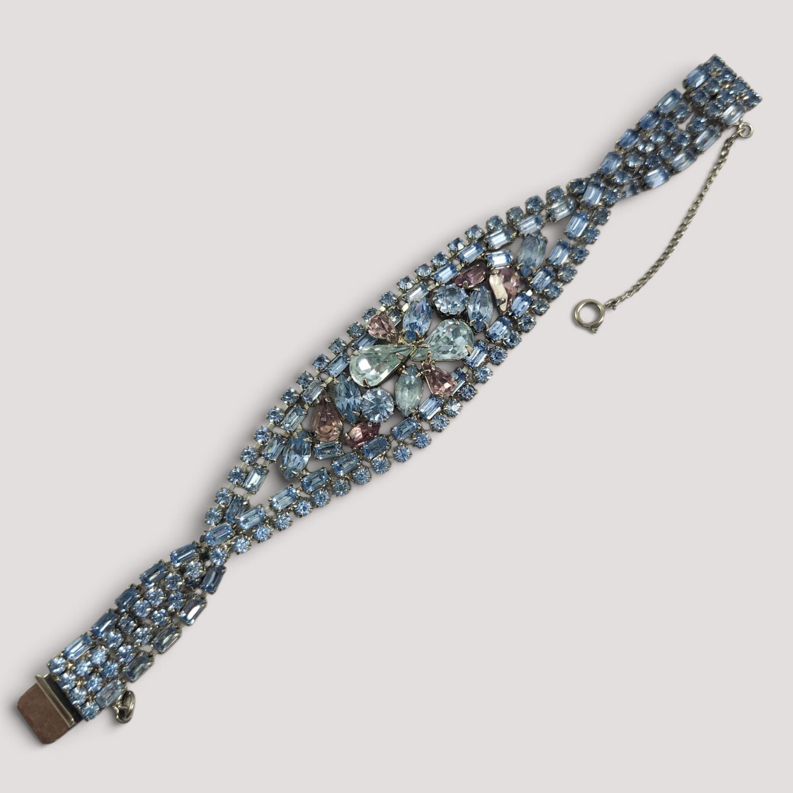 Vintage Hobe Blue & Purple Rhinestone Silver Tone Bracelet